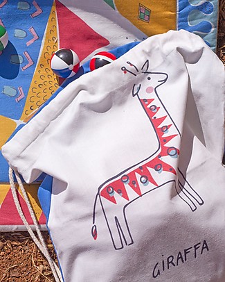 Zac 4 Kids Drawstring Bag Portrait Palio Collection, Red with Giraffe - Perfect for pre-schoolers! Kindergarten Backpacks