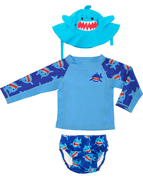 Zoocchini 3 Piece Baby Set - Rash Guard Top + Swimsuit + Cap - UPF 50+ - Sherman the Shark Swim Diaper