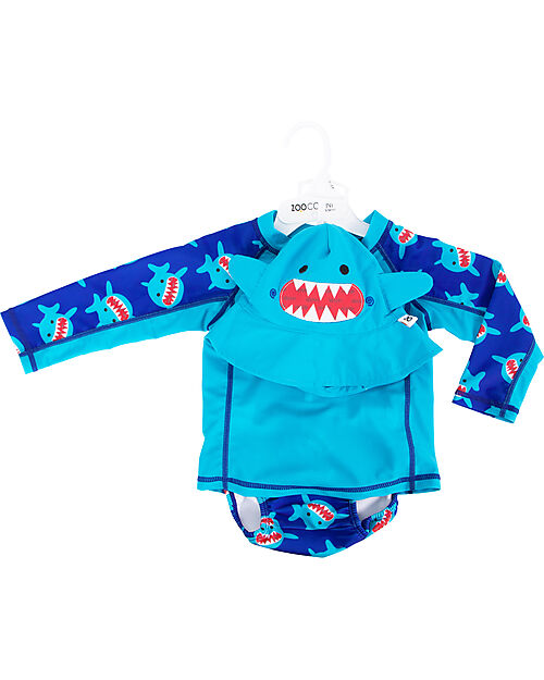 Zoocchini 3 Piece Baby Set - Rash Guard Top + Swimsuit + Cap - UPF 50+ - Sherman the Shark Swim Diaper