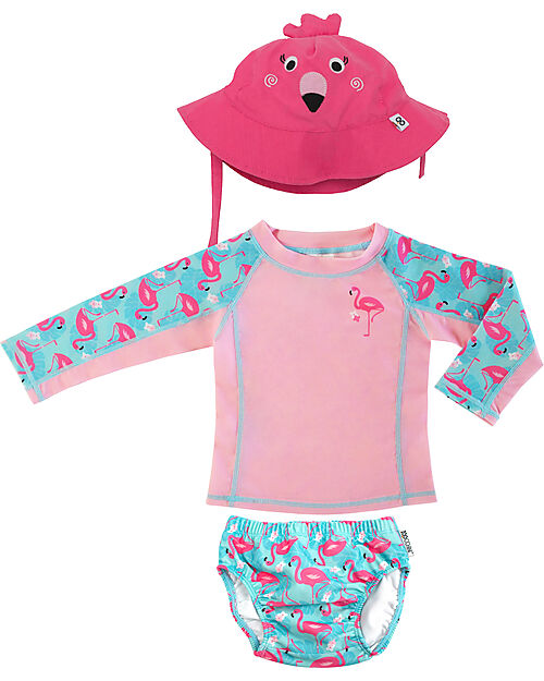 Zoocchini 3 Piece Baby Set - Rash Guard Top + Swimsuit + Hat - UPF 50+ - Franny the Flamingo Swim Diaper