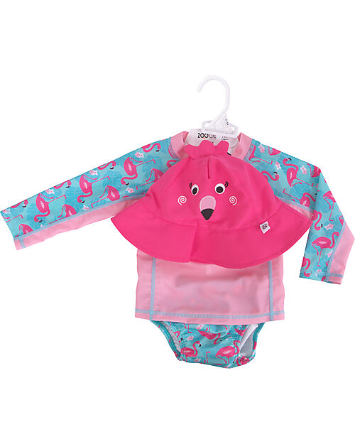 Zoocchini 3 Piece Baby Set - Rash Guard Top + Swimsuit + Hat - UPF 50+ - Franny the Flamingo Swim Diaper