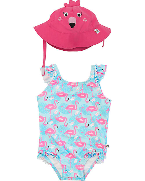 Zoocchini Baby Set - One-piece Swimsuit with Ruffles + Hat - UPF 50+ - Franny the Flamingo Swimsuits