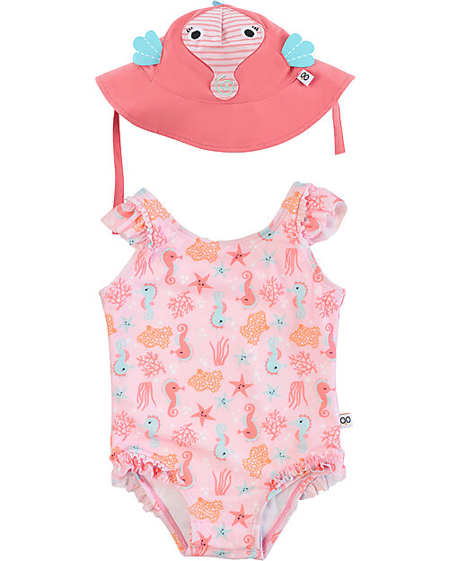 Zoocchini Baby Set - One-piece Swimsuit with Ruffles + Hat - UPF 50+ - Sally the Seahorse Swimsuits