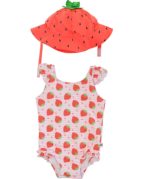 Zoocchini Baby Set - One-piece Swimsuit with Ruffles + Hat - UPF 50+ - Strawberry Swimsuits