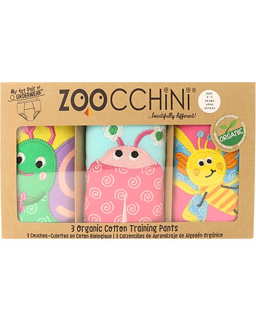 Zoocchini Girls Padded Training Pants - Garden Creatures - Set of 3 - 100% Organic Cotton Briefs