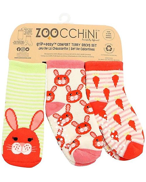 Zoocchini Grip+Easy Antislip Socks 3 Pack - Bella the Bunny Antislip Socks