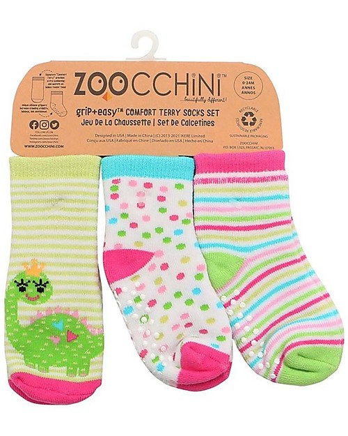 Zoocchini Grip+Easy Antislip Socks 3 Pack - Dai the Dinosaur - 0-24 months Antislip Socks