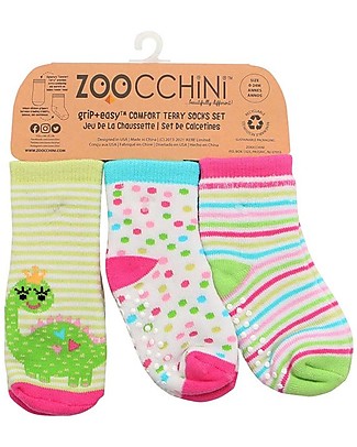 Zoocchini Grip+Easy Antislip Socks 3 Pack - Dai the Dinosaur - 0-24 months Antislip Socks