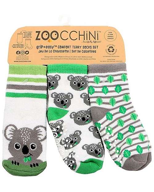 Zoocchini Grip+Easy Antislip Socks 3 Pack - Kai the Koala - 0-24 months Antislip Socks