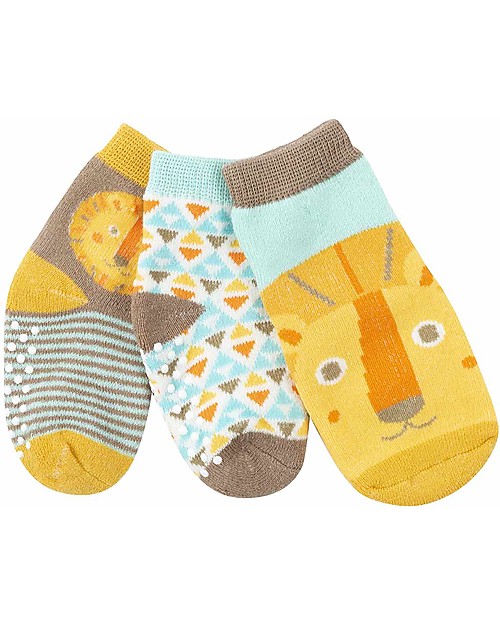 Zoocchini Grip+Easy Antislip Socks 3 Pack - Leo the Lion - 0-24 months Antislip Socks