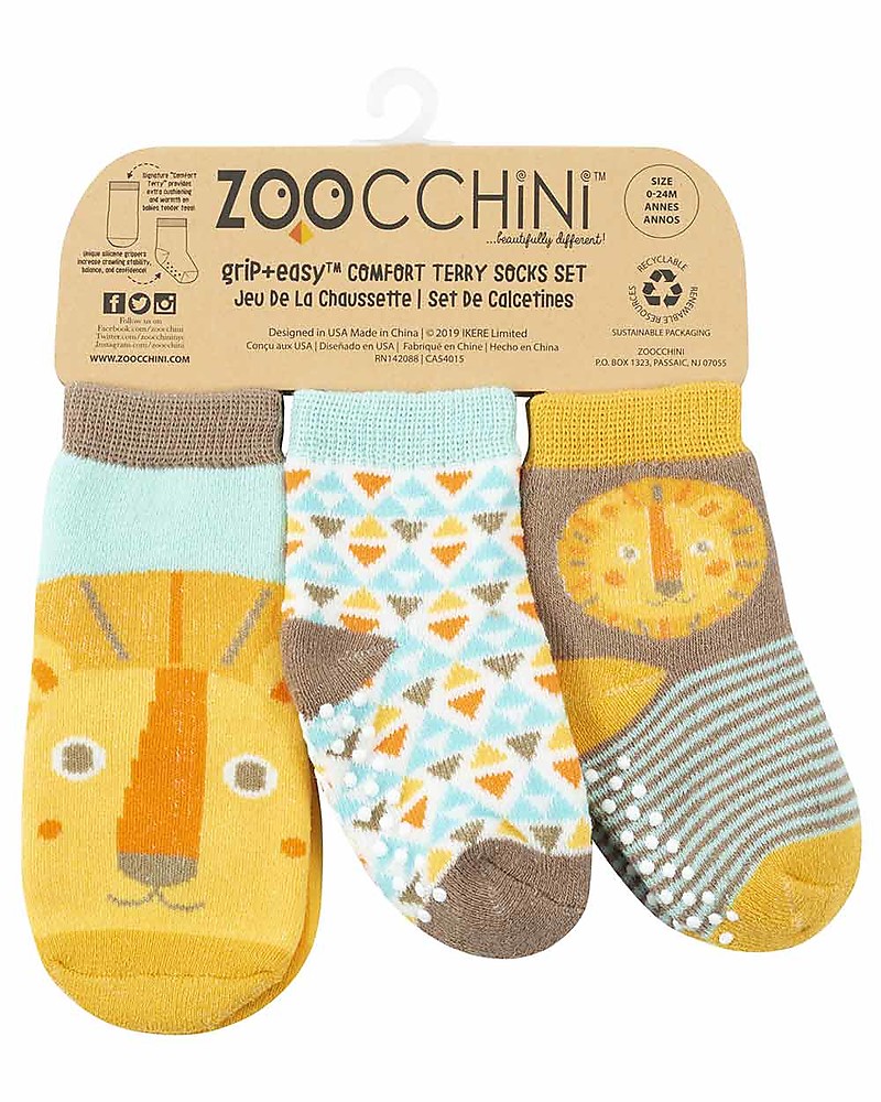 Zoocchini Grip+Easy Antislip Socks 3 Pack - Leo the Lion - 0-24 months boy