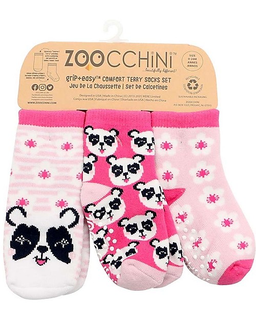 Zoocchini Grip+Easy Antislip Socks 3 Pack - Pippa the Panda - 0-24 months Antislip Socks