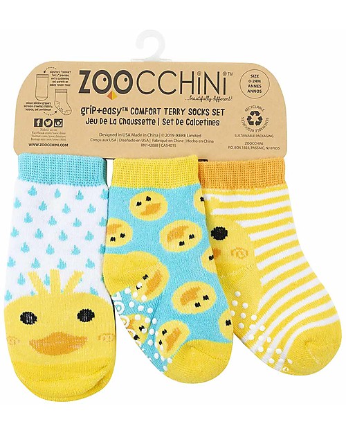 Zoocchini Grip+Easy Antislip Socks 3 Pack - Puddles the Duck - 0-24 months Antislip Socks