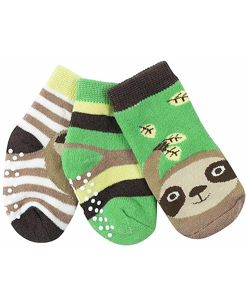 Zoocchini Grip+Easy Antislip Socks 3 Pack - Silas the Sloth - 0-24 months Antislip Socks