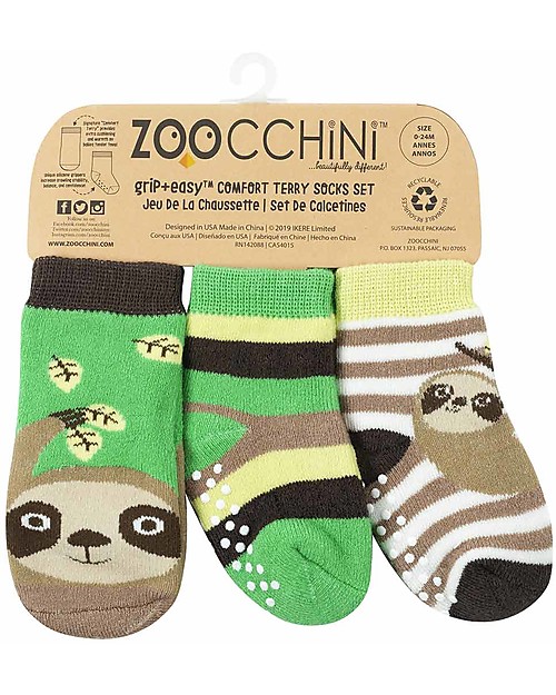 Zoocchini Grip+Easy Antislip Socks 3 Pack - Silas the Sloth - 0-24 months Antislip Socks