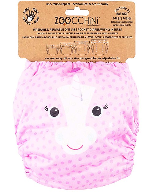 Zoocchini Washable, Pocket Diaper - Alicorn - 2 Inserts Included - 3-16 kg Washable Nappies