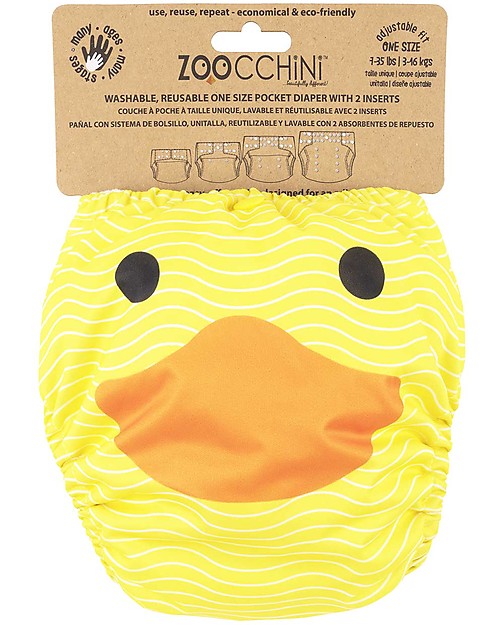 Zoocchini Washable, Pocket Diaper - Duck - 2 Inserts Included - 3-16 kg Washable Nappies