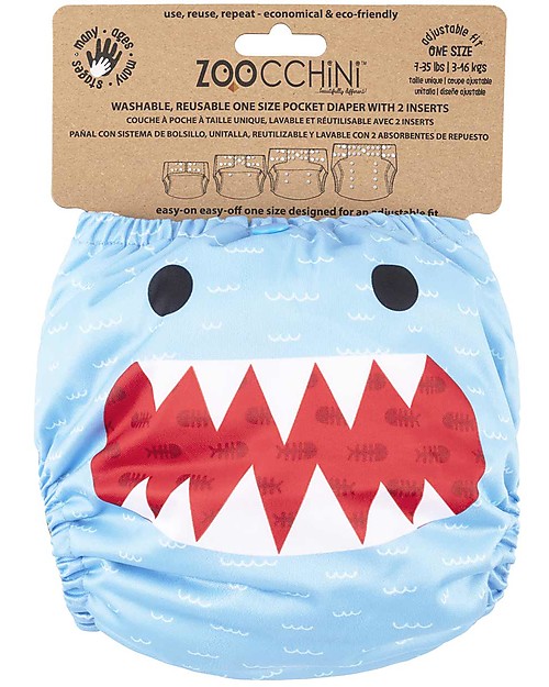 Zoocchini Washable, Pocket Diaper - Shark - 2 Inserts Included - 3-16 kg Washable Nappies